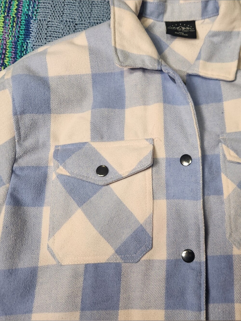 HFX Blue & Cream Checked Button-Up Shacket - Picture 3 of 4